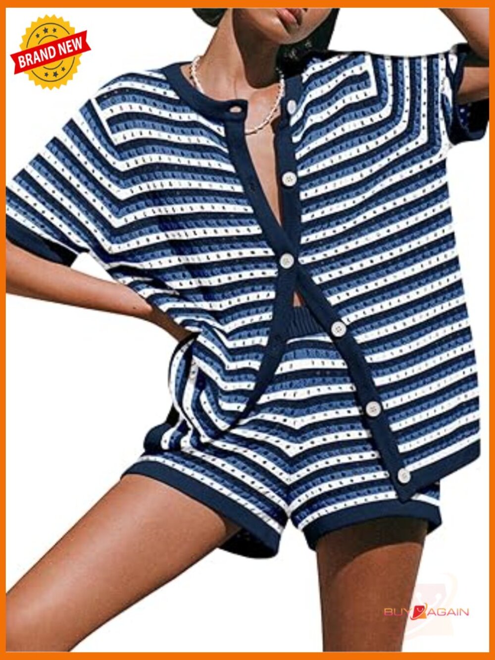 Crochet Knit 2 Piece Swim Cover Up Short Set Button Shirt Tops & Shorts Striped